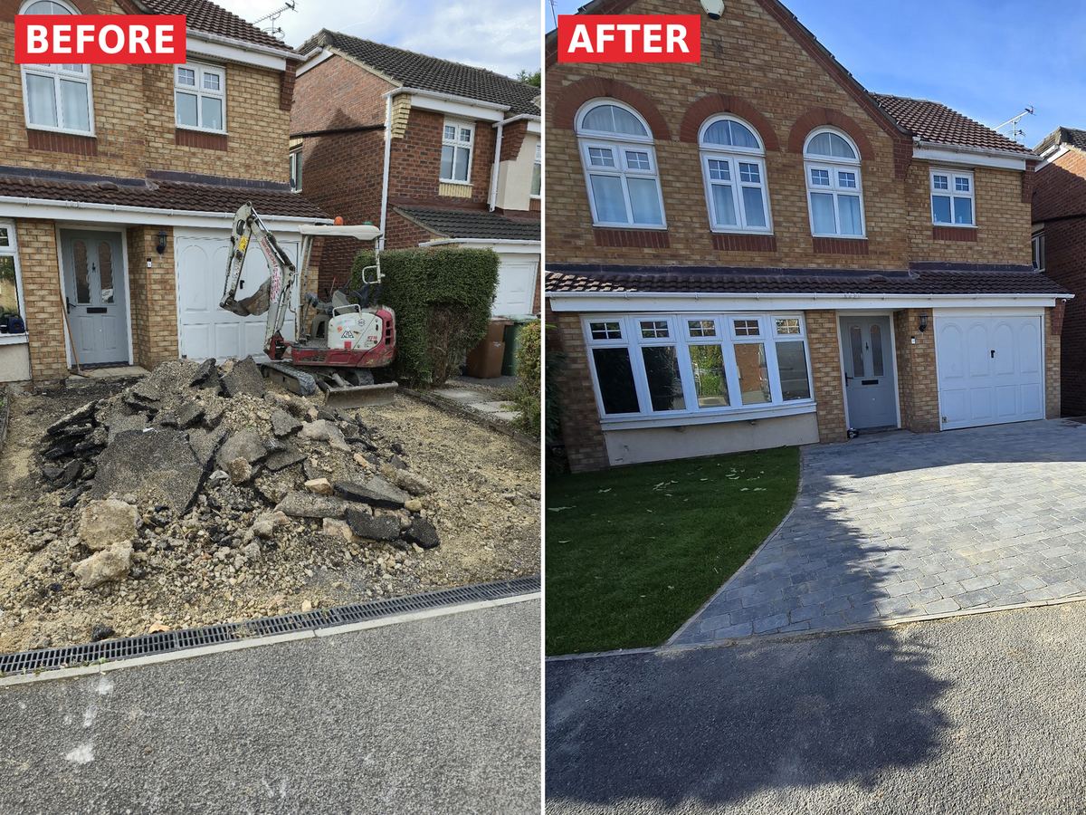 The same Castleford driveway before and after: old surface dug out, then block paved with a new lawn